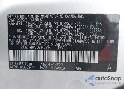 2012 Toyota Rav4 from USA, damaged, VIN 2T3ZF4DV5CW140824